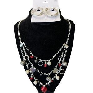 Silver Tone Triple Layered Red Beaded Necklace 22 In Long And Hoop Earrings NWT